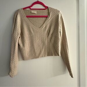 V-Neck Cable Knit Crop Sweater - Cream